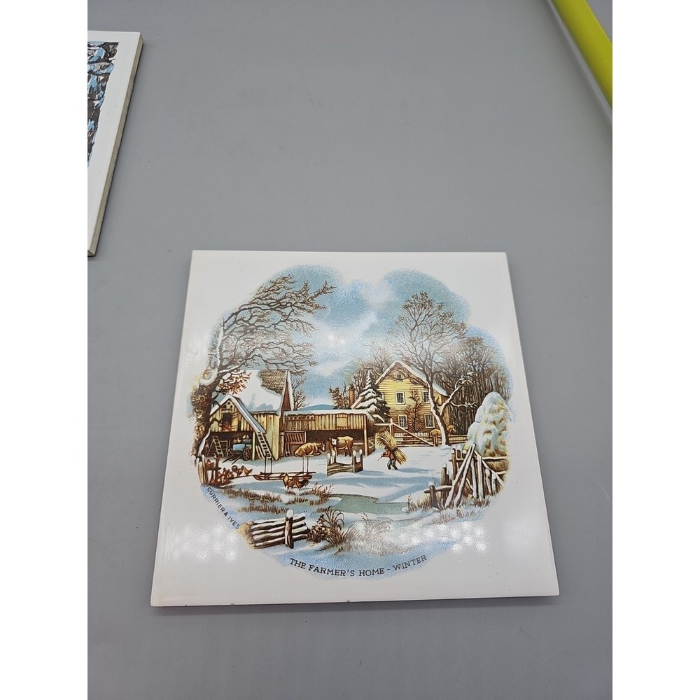 Vintage Currier & Ives The Homestead in Winter Tile Trivet‎ Wall Hanging